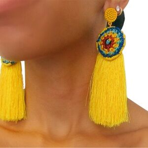 Yellow and Blue Tassel Earrings